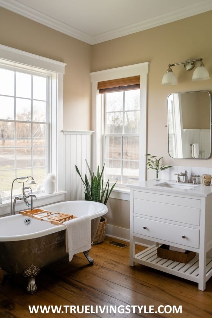 Traditional farmhouse bathroom with a silver clawfoot tub, a white vanity with drawers and open shelving, a toilet, wooden plank flooring, and white wainscoting with light beige walls.