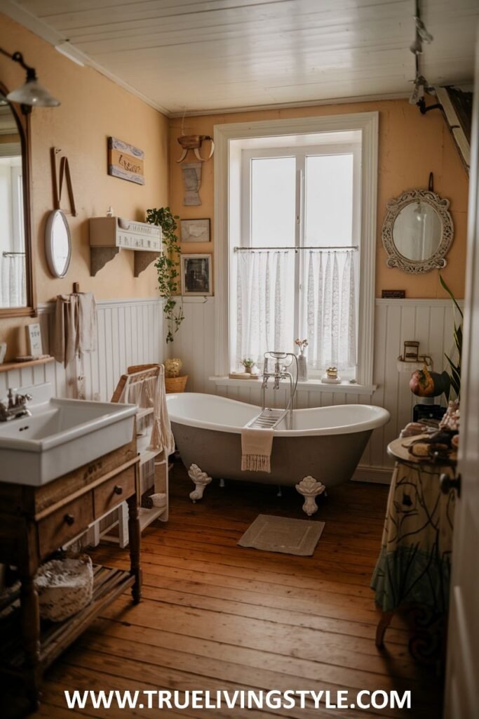 Charming farmhouse bathroom with a gray clawfoot tub, a rustic wooden washstand sink, a toilet, wood plank flooring, and peach-colored walls with white wainscoting, decorated with various vintage items.