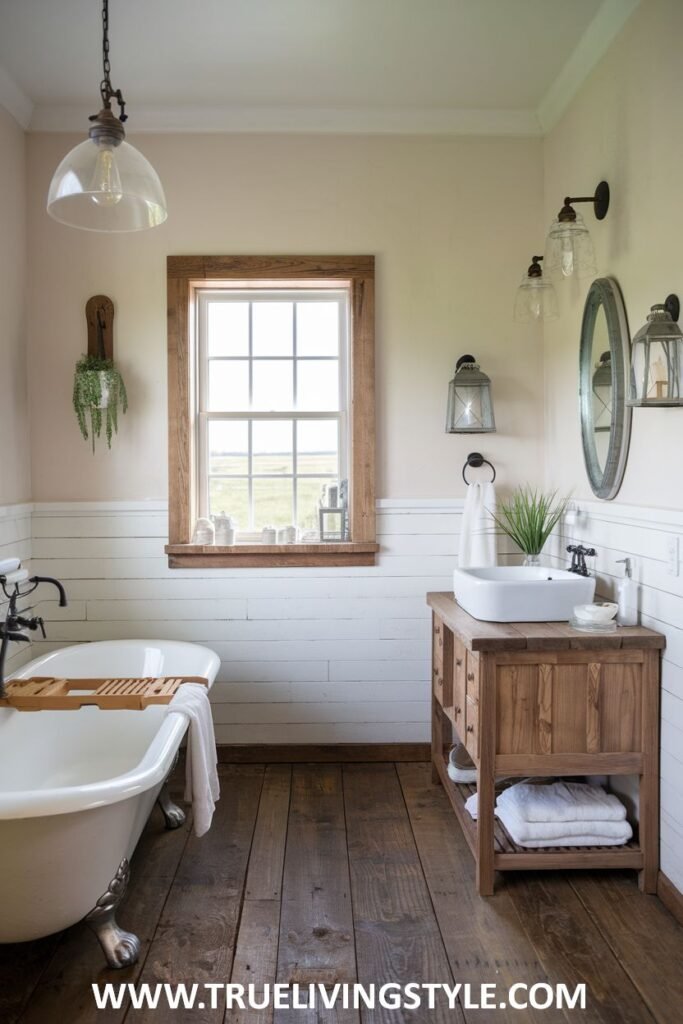 Rustic farmhouse bathroom with a white clawfoot tub, a rustic wooden vanity with a white sink, a toilet, wood plank flooring, and white shiplap walls.
