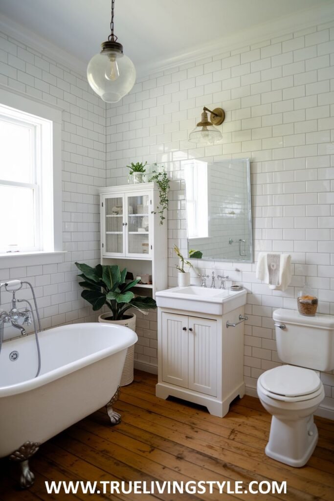 Bright farmhouse bathroom with a white clawfoot tub, a small white vanity with cabinet doors, a toilet, white subway tiled walls, a window, and wood plank flooring.