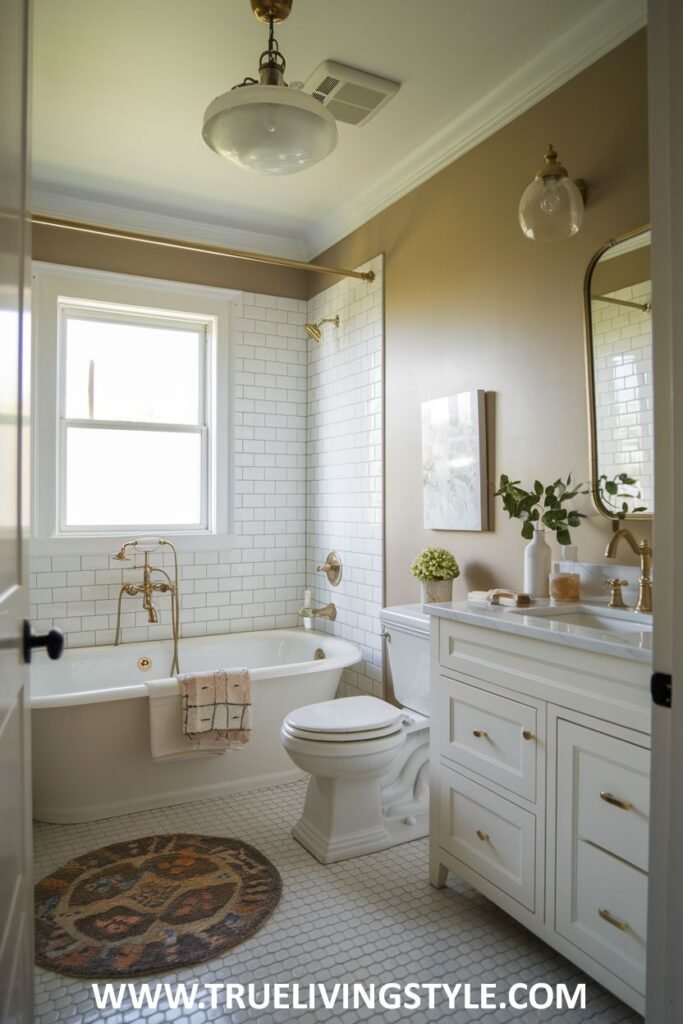 Farmhouse bathroom with a white clawfoot tub, a white vanity with drawers and gold hardware, a toilet, white subway tiled walls, a window with a gold rod, and white tiled flooring with a small round rug.