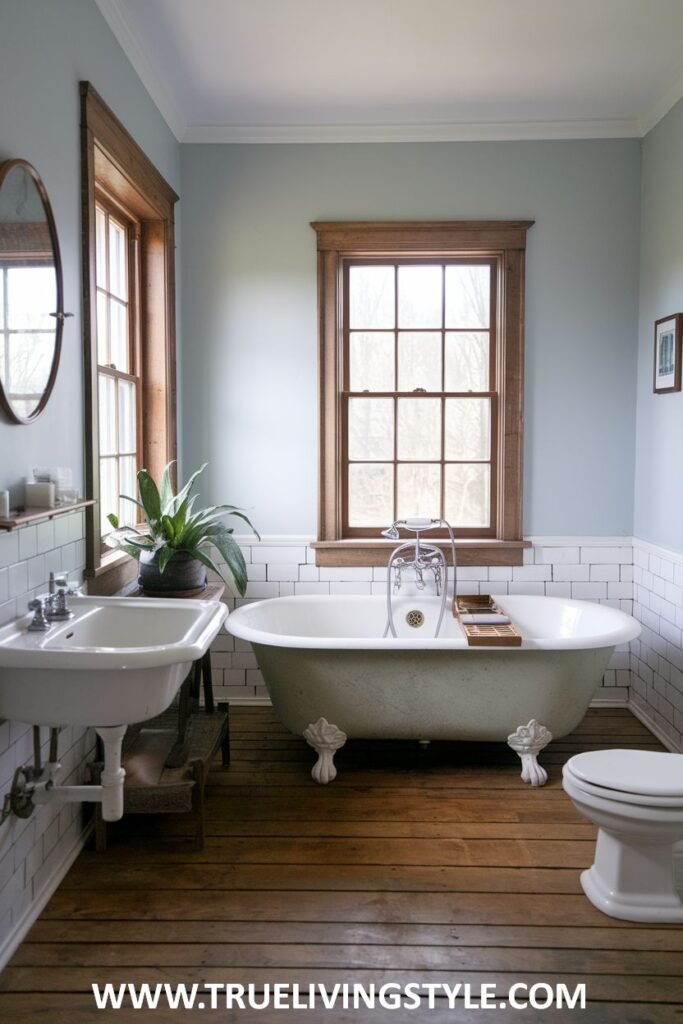 Farmhouse bathroom with a light green clawfoot tub, a white pedestal sink, a toilet, white subway tiles on the lower walls, a window with a wooden frame, and wide wood plank flooring.