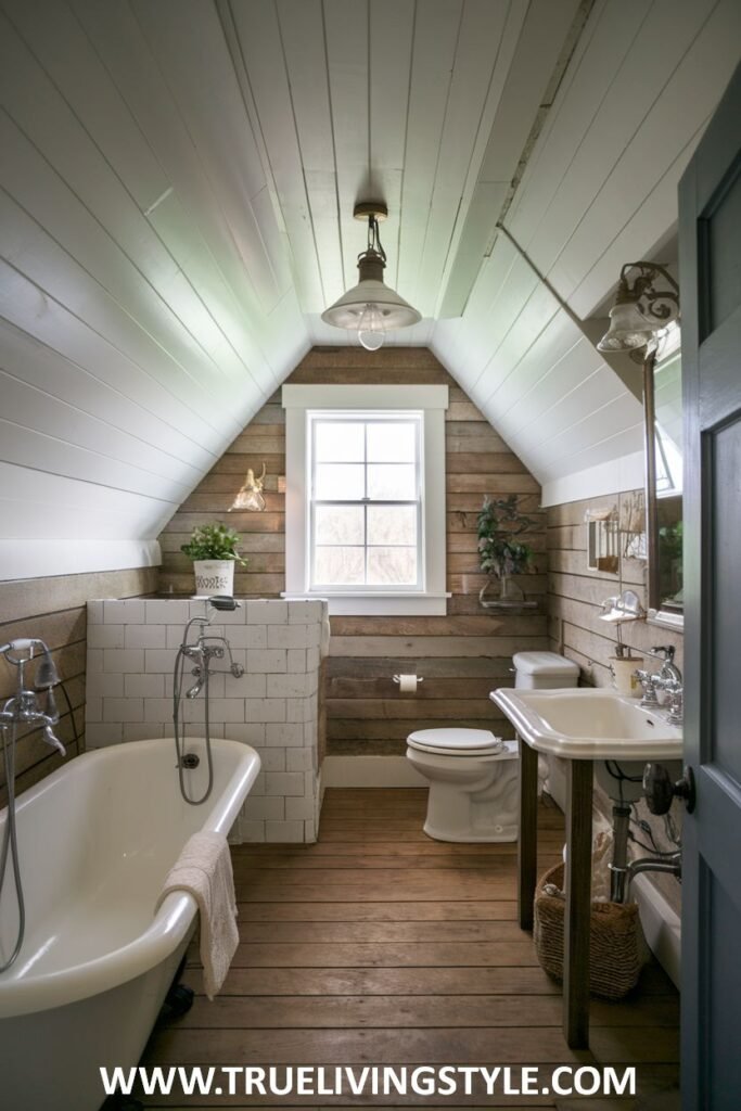 Farmhouse bathroom in an attic with a white clawfoot tub, a white pedestal sink, a toilet, wood plank flooring, white shiplap on the angled ceiling and upper walls, and rustic wood paneling on the lower walls.