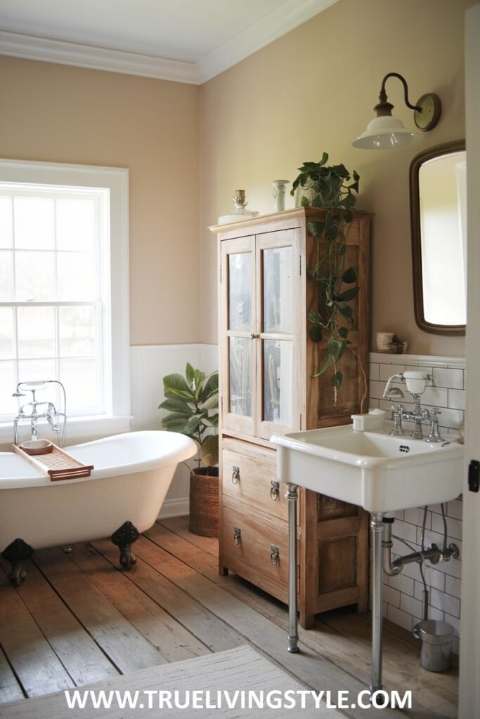 Farmhouse bathroom with a white clawfoot tub, a tall wooden cabinet with glass doors and drawers, a white pedestal sink with chrome legs, a toilet, a window, and wood plank flooring with a light-colored rug.
