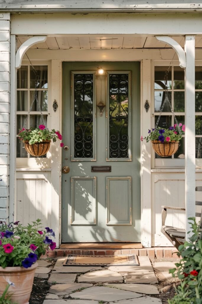 Light green farmhouse door with ornate ironwork in the glass panels. Two hanging baskets filled with pink and purple flowers flank the entrance. A large terracotta pot with colorful flowers sits to the left of the stone pathway leading to the door.