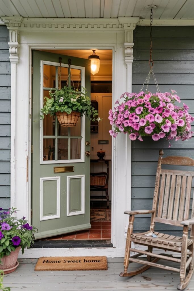 Partially open light green farmhouse door with a hanging basket of green and white foliage and another with pink petunias. A classic wooden rocking chair sits on the porch, and a doormat reads "Home Sweet Home". This is a welcoming farmhouse entrance.