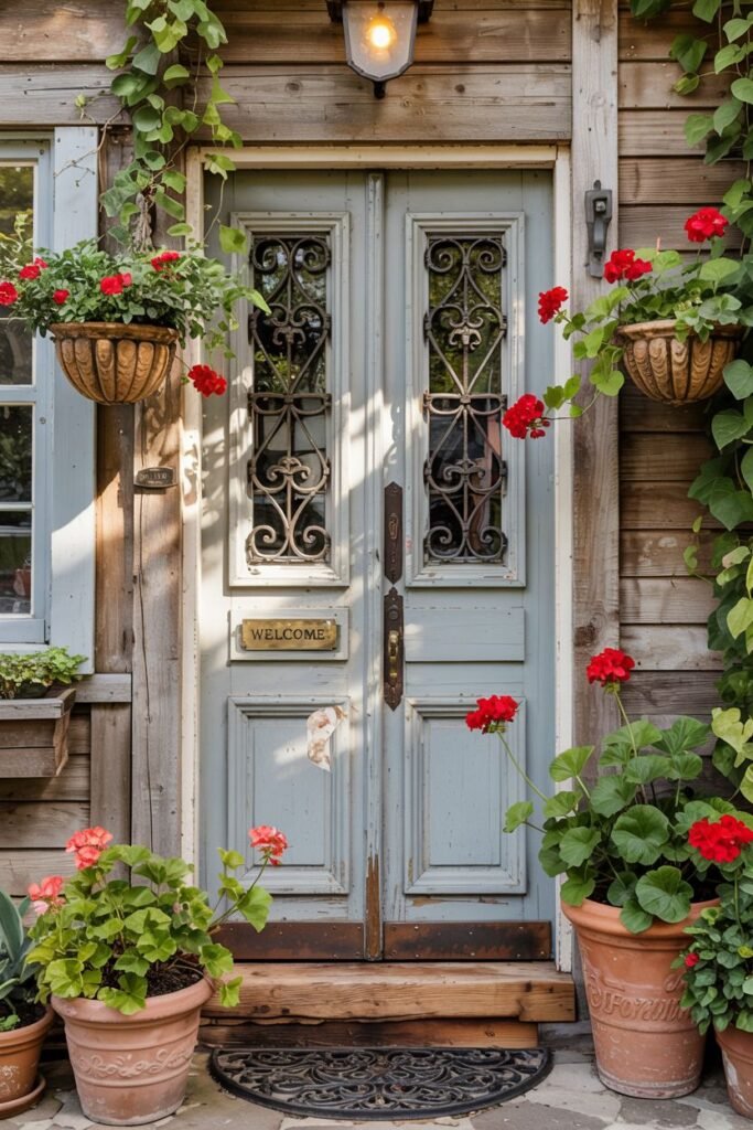 Distressed light blue farmhouse double doors with decorative ironwork on the upper panels. Two woven hanging baskets with bright red geraniums flank the entrance, and large terracotta pots with red and coral geraniums sit below. A "Welcome" sign is on the door.