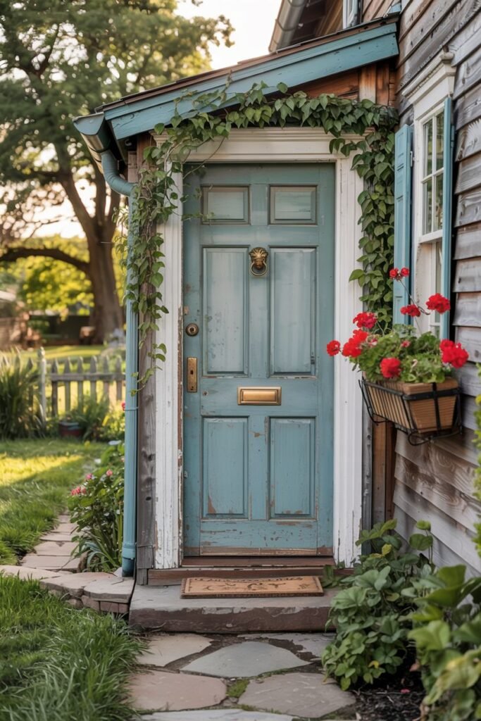 Weathered blue farmhouse door partially covered by climbing green vines. A wooden window box overflowing with bright red geraniums is mounted to the side of the door.