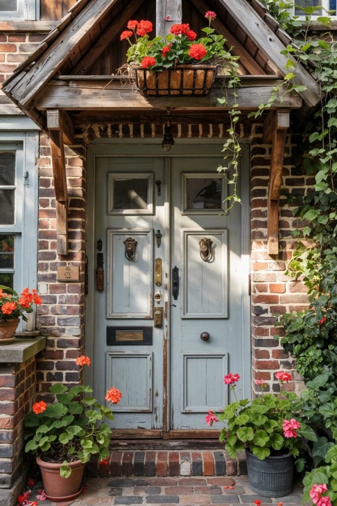 Light blue farmhouse double door set within a warm brick facade, featuring two traditional door knockers. Various terracotta and metal pots filled with vibrant orange and red geraniums decorate this farmhouse entry.