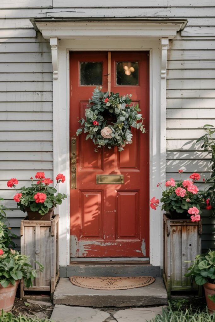 Vibrant red farmhouse door with a wreath made of eucalyptus and soft pink and white blooms. Rustic wooden crate planters holding bright pink geraniums flank the doorway.