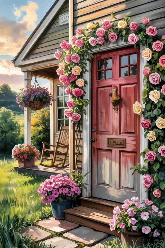 Painted red farmhouse door with a rooster knocker and a personalized nameplate, framed by an archway of climbing pink and white roses. A wooden rocking chair sits on the porch, and various potted pink flowers surround the entrance.