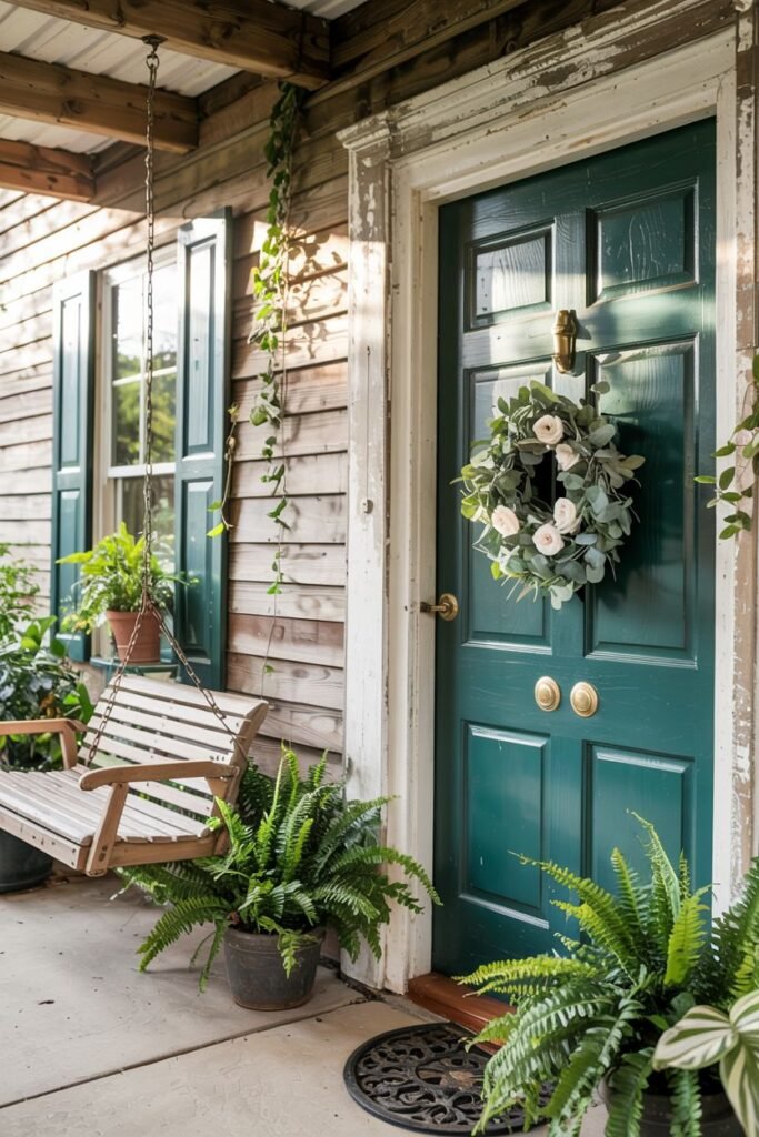 Deep green farmhouse door with a crisp white floral and greenery wreath. Large potted ferns are placed on either side of the entrance of this farmhouse porch, which also features a wooden swing.