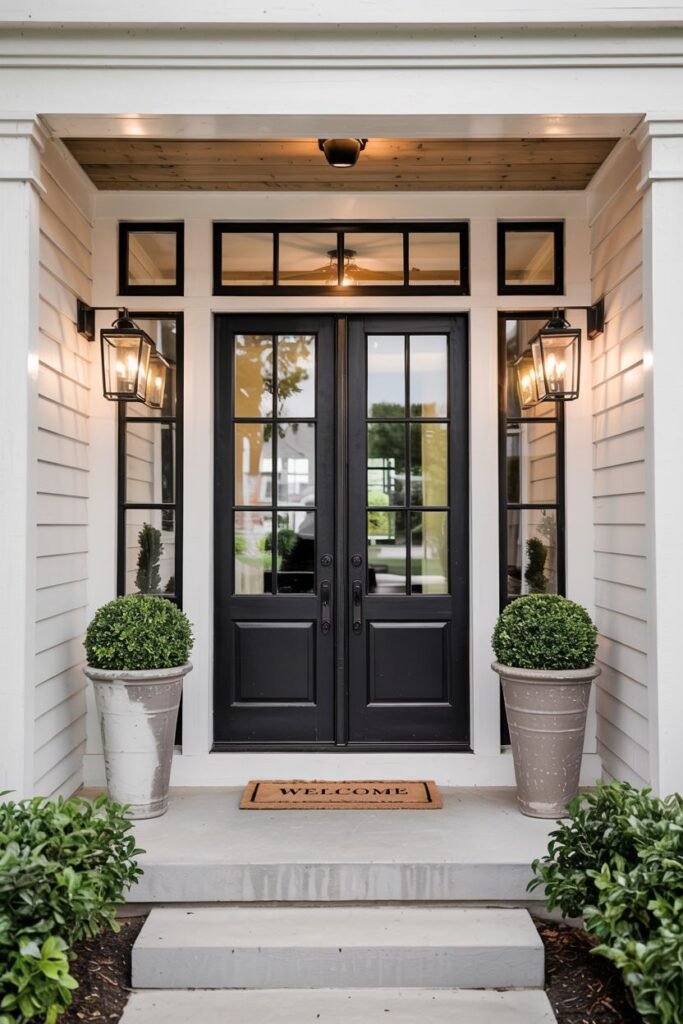 Sleek black farmhouse double doors with multi-pane glass, flanked by stylish black lantern sconces. Two symmetrical gray planters containing trimmed round topiary sit on either side of the concrete steps with a "Welcome" doormat.