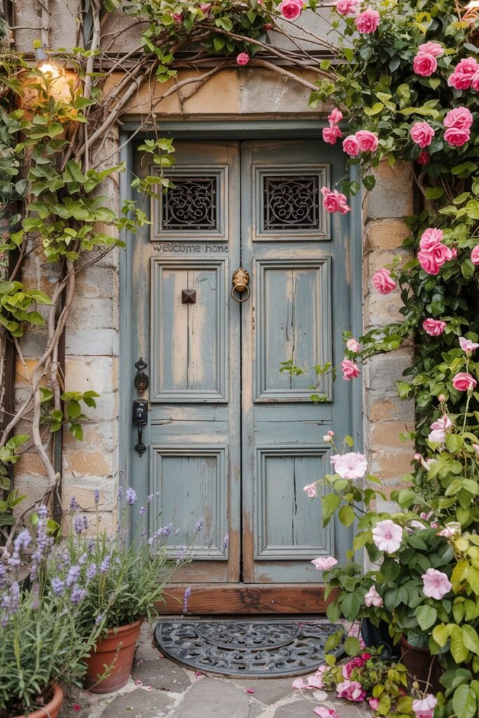 Distressed light blue farmhouse double doors with iron grilles, surrounded by climbing pink roses and trailing vines. Terracotta pots filled with blooming lavender and other pink flowers are placed near the entrance, and a "welcome home" sign is visible.