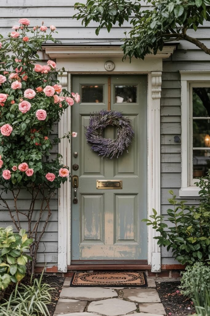 Soft green farmhouse door adorned with a delicate dried lavender wreath. Lush pink rose bushes frame the doorway, and various other green plants decorate the entrance of this charming farmhouse.