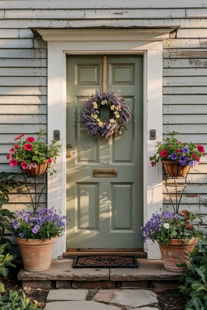 Soft green farmhouse door with a wreath made of dried lavender and white flowers. Two tiered metal plant stands holding terracotta pots with pink and purple petunias are placed on either side of the doorway.