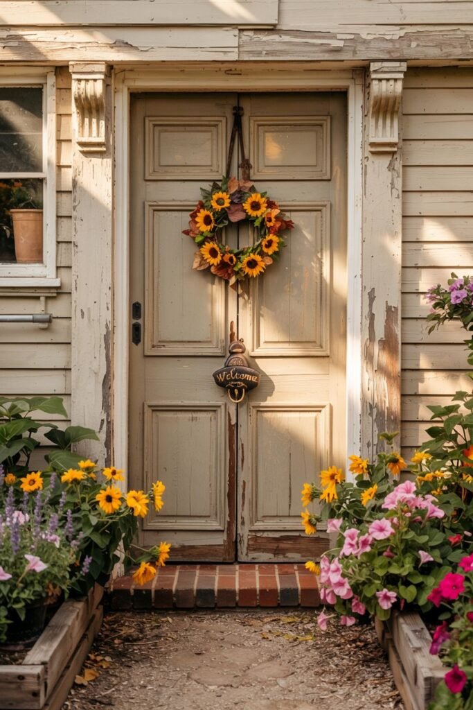 Rustic light brown farmhouse door with a wreath of sunflowers and autumn leaves, and a small "Welcome" sign. Wooden raised flower beds overflowing with colorful blooms flank the walkway leading to the door.