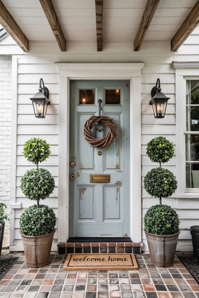 Soft light blue farmhouse door with a natural woven wreath. Two tall, tiered topiary plants in rustic metal containers flank the doorway. A "welcome home" doormat lies on the brick walkway.