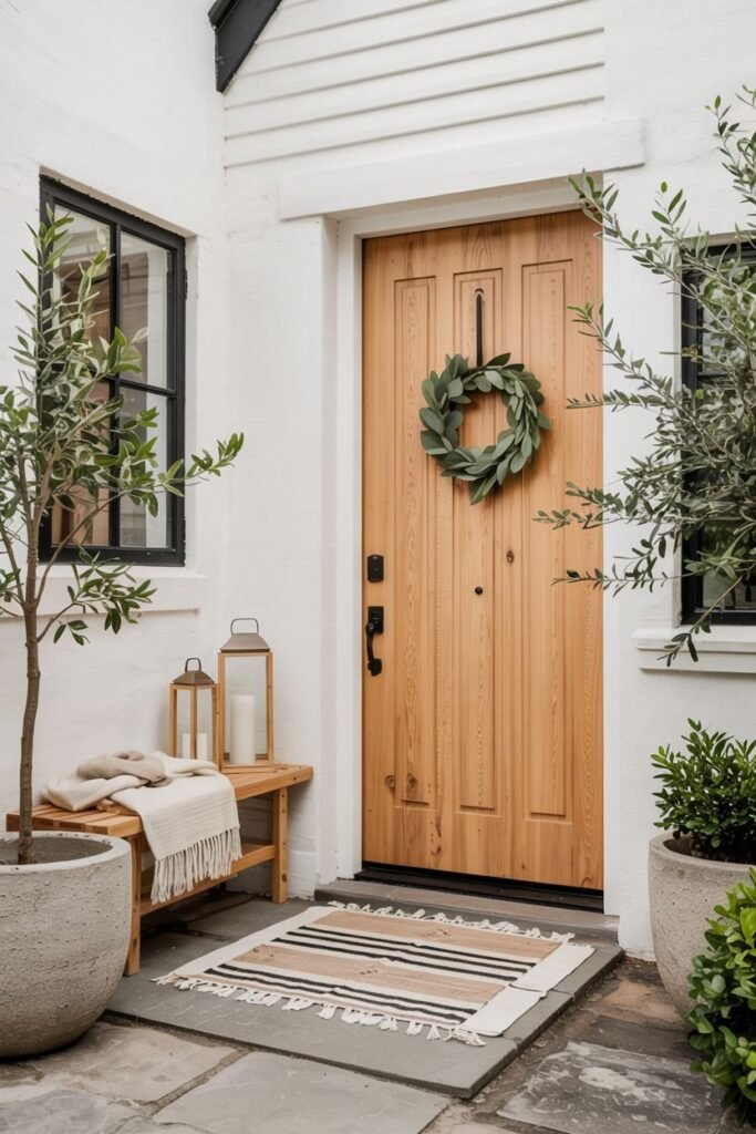 Simple, unpainted wooden farmhouse door with a classic green olive branch wreath. A simple wooden bench with neutral cushions and a throw blanket sits to the left, and large concrete planters containing olive trees or other greenery frame the entrance.