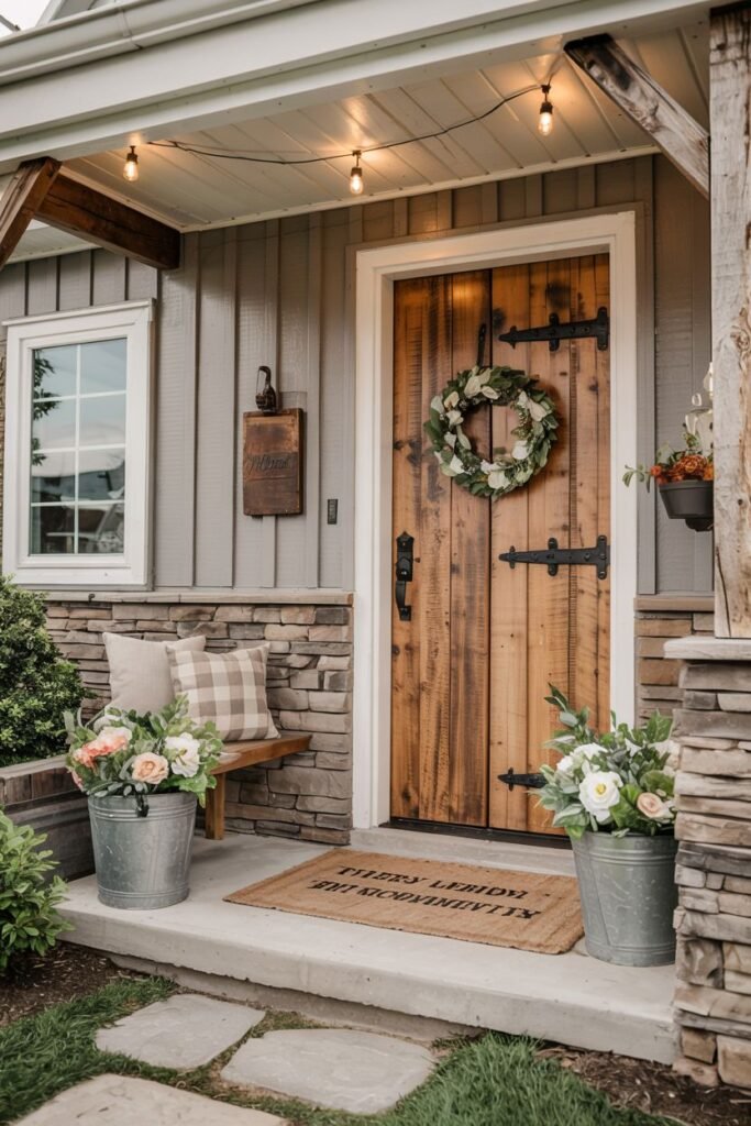 Rustic wooden farmhouse door with black iron hinges and handle, adorned with a white and green wreath. Galvanized metal buckets filled with light-colored flowers sit on either side of a textured doormat in front of the door. A wooden bench with a plaid pillow and a bucket of flowers are visible to the left of the door.