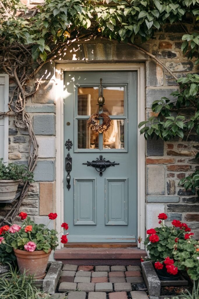Light blue farmhouse door on a stone cottage, partially covered with climbing green vines. A terracotta pot with bright red geraniums sits on the brick steps leading to the entrance.