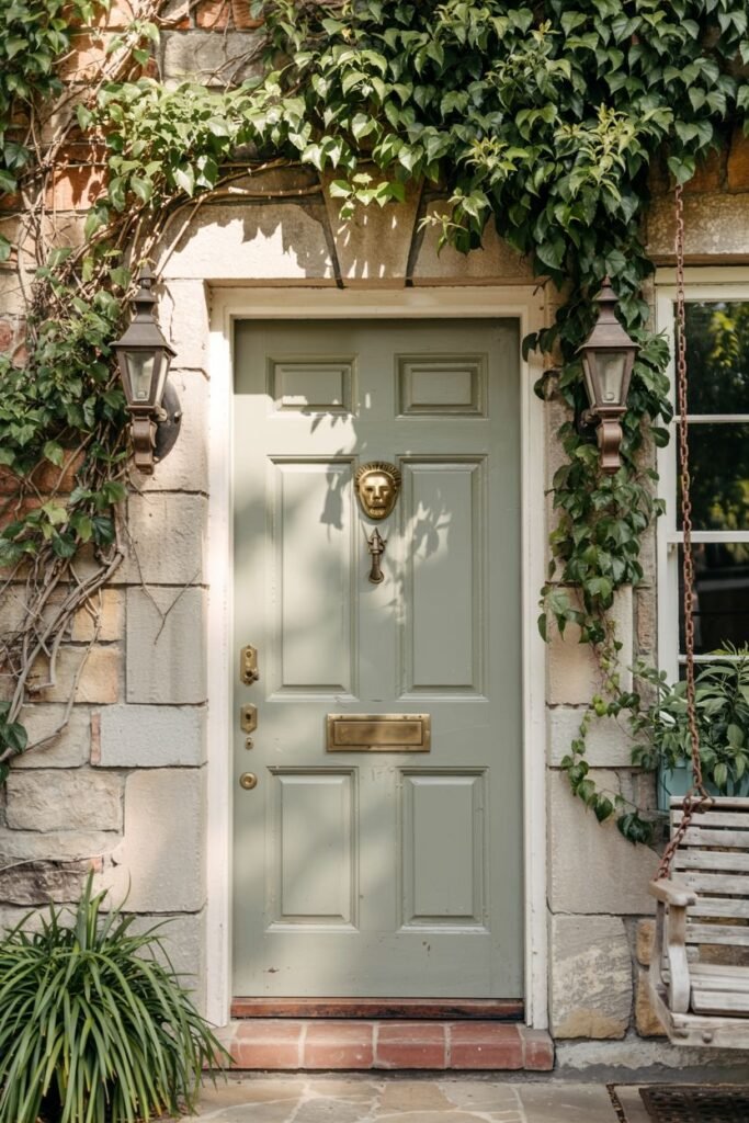 Olive green farmhouse door with a brass lion's head door knocker, set against a stone and light-colored siding exterior. Vintage-style lantern sconces are mounted on either side of the door, and a wooden porch swing hangs to the right.