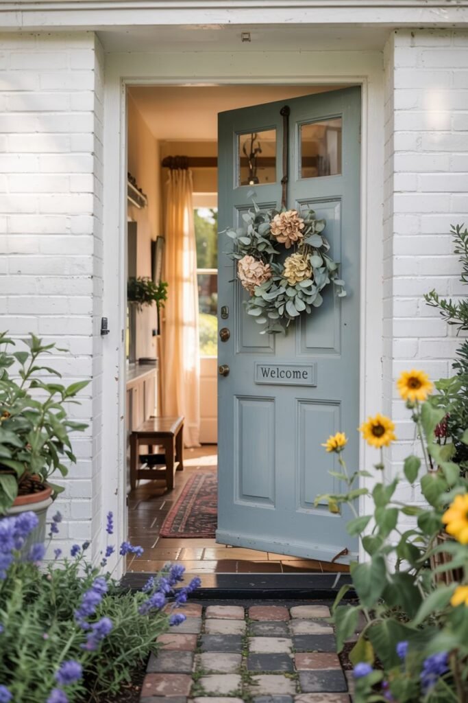 Partially open soft blue farmhouse door with a "Welcome" sign and a wreath of eucalyptus and light-colored flowers. The open door reveals a glimpse of a cozy interior with a bench and rug. Potted blue and yellow flowers are visible in the foreground.