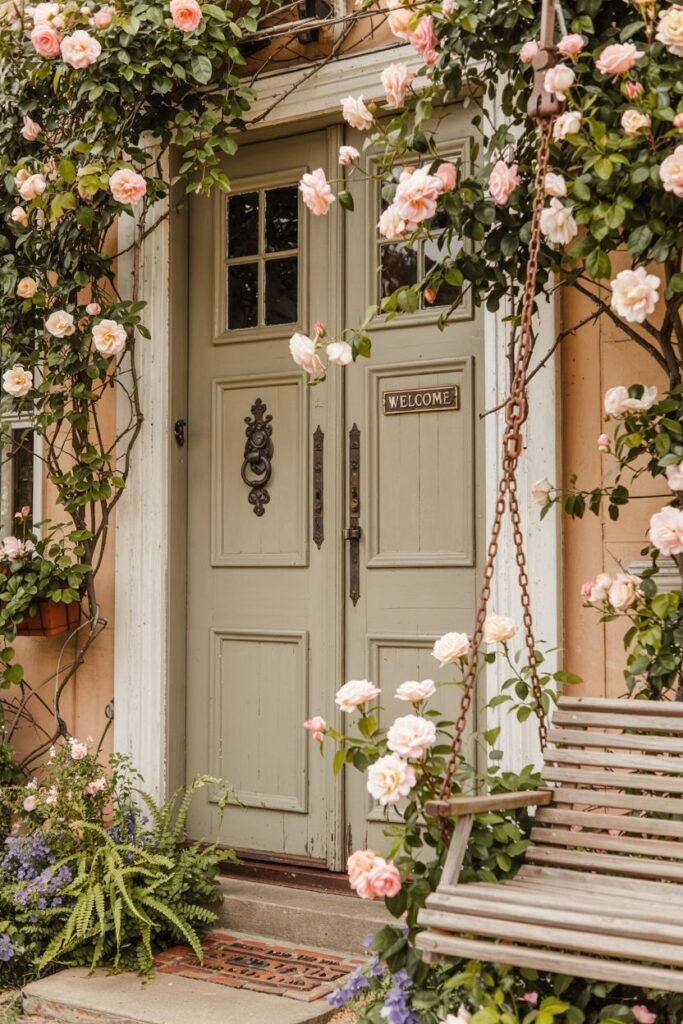 Light green farmhouse door framed by climbing pink and white roses. A "Welcome" plaque is affixed to the door, and a rustic wooden porch swing hangs to the right. Various potted plants and ferns decorate the entrance.