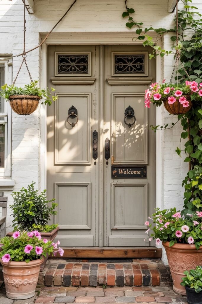 Double gray farmhouse doors with decorative iron grilles on the upper panels. Two woven hanging baskets with pink petunias hang on either side, and large terracotta pots with pink flowers sit at the base. A small "Welcome" sign is displayed.