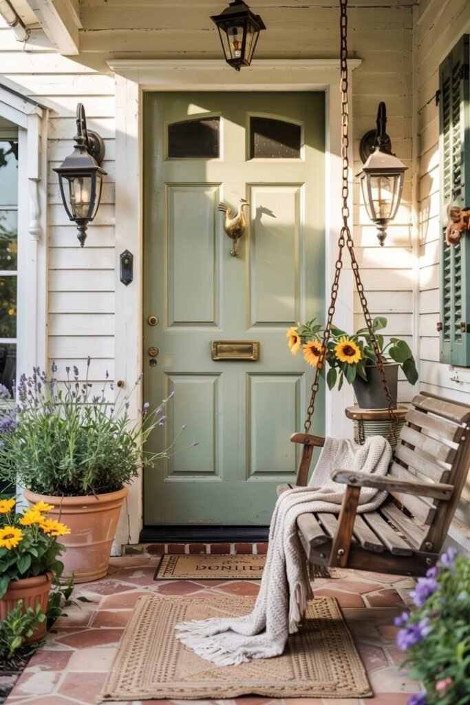 Light green farmhouse door with a brass mail slot and a rooster door knocker. A rustic lantern hangs above the door, and a wooden porch swing with a soft throw blanket is visible to the right. Potted lavender and sunflowers decorate the porch.