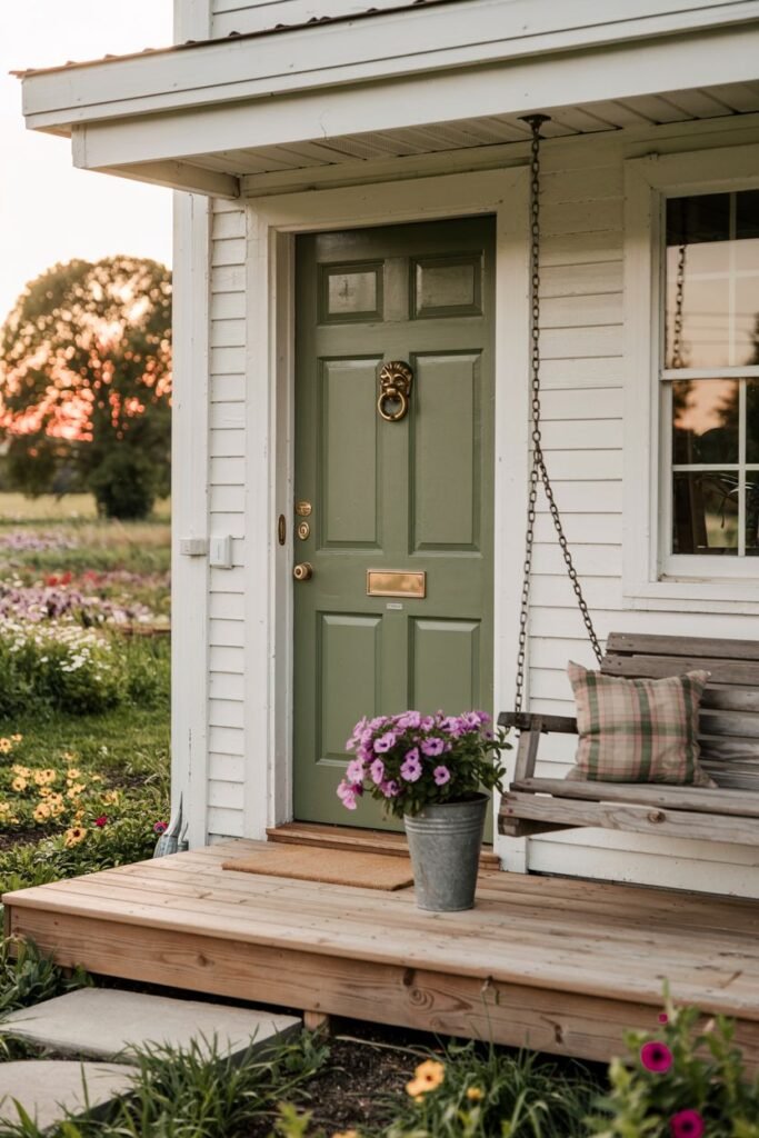 Sturdy olive green farmhouse door with a lion's head door knocker. A wooden porch with a swing adorned with a plaid pillow is to the right, and a galvanized bucket filled with purple flowers sits near the door.