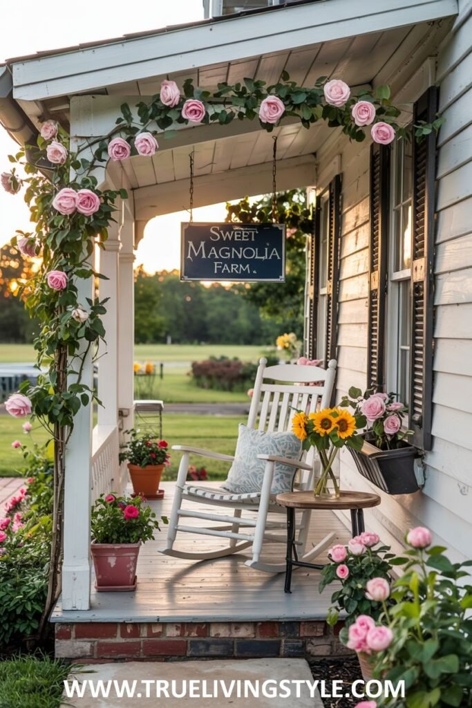 A farmhouse porch decorated with climbing pink roses, a white rocking chair with a blue patterned pillow, a small table with sunflowers, potted pink roses, and a "Sweet Magnolia Farm" sign.