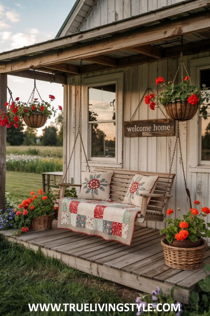 A farmhouse porch with a wooden porch swing featuring floral pillows and a patchwork quilt, hanging baskets of red geraniums, potted orange geraniums, and a "welcome home" sign.