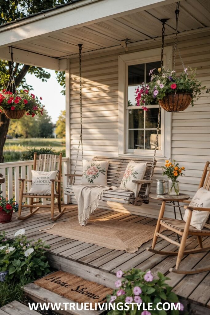 A farmhouse porch with a wooden porch swing featuring floral pillows and a cream throw blanket, two wooden rocking chairs with pillows, hanging baskets of pink and purple flowers, and a "Home Sweet Home" doormat.