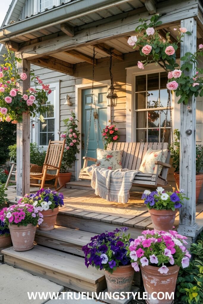 A farmhouse porch with a wooden porch swing, a wooden rocking chair, climbing pink roses, and numerous potted pink and purple petunias on the steps and porch.