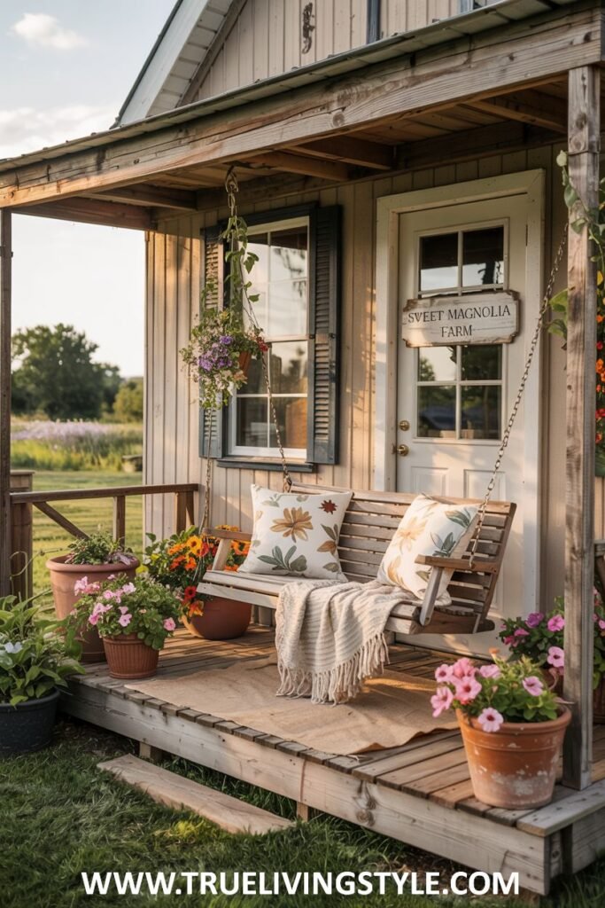 A farmhouse porch with a wooden porch swing featuring leaf-patterned pillows and a fringed throw blanket, potted pink and orange flowers, and a hanging basket of purple flowers, along with a "SWEET MAGNOLIA FARM" sign.