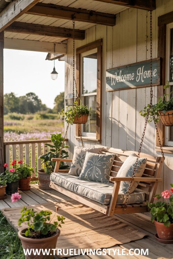 A farmhouse porch with a wooden porch swing featuring striped cushions and pillows, hanging baskets of green plants, potted red geraniums, and a "Welcome Home" sign.