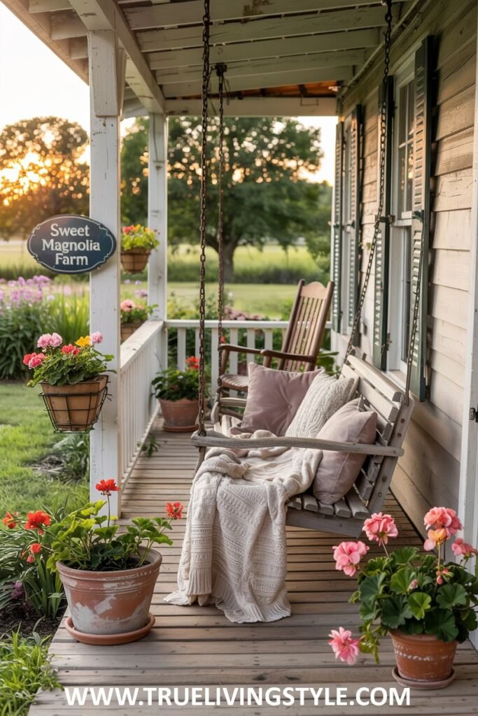 A farmhouse porch with a wooden porch swing featuring pink pillows and a cream-colored knit blanket, a wooden rocking chair, hanging baskets of pink flowers, and potted red and pink geraniums.