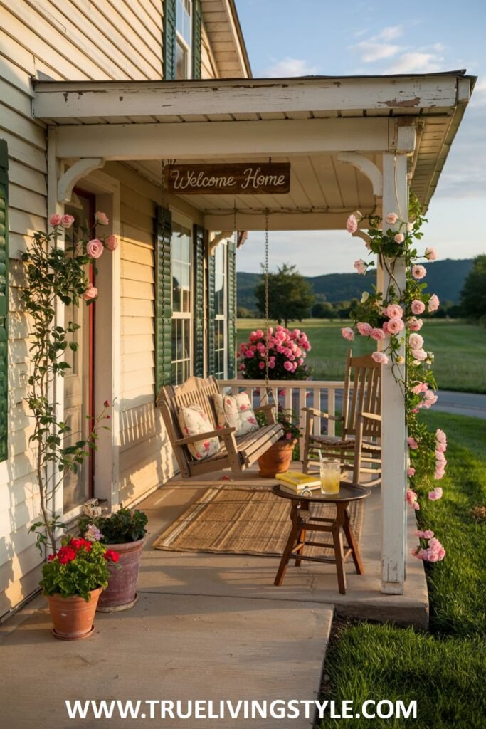 A farmhouse porch with a wooden porch swing featuring floral pillows, a wooden rocking chair, a small table with drinks, climbing pink roses, potted red geraniums, and a "Welcome Home" sign.