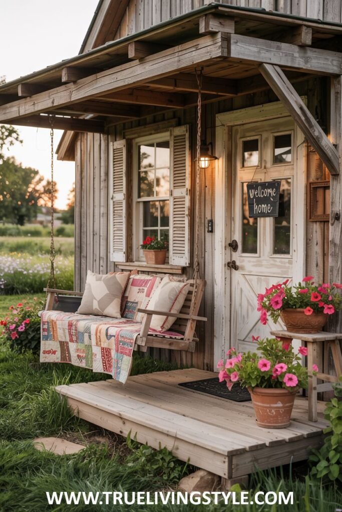 A rustic farmhouse porch with a wooden porch swing featuring patterned pillows and a quilt, a small table with potted pink petunias, a hanging basket of pink petunias, and a "welcome home" sign on the door.