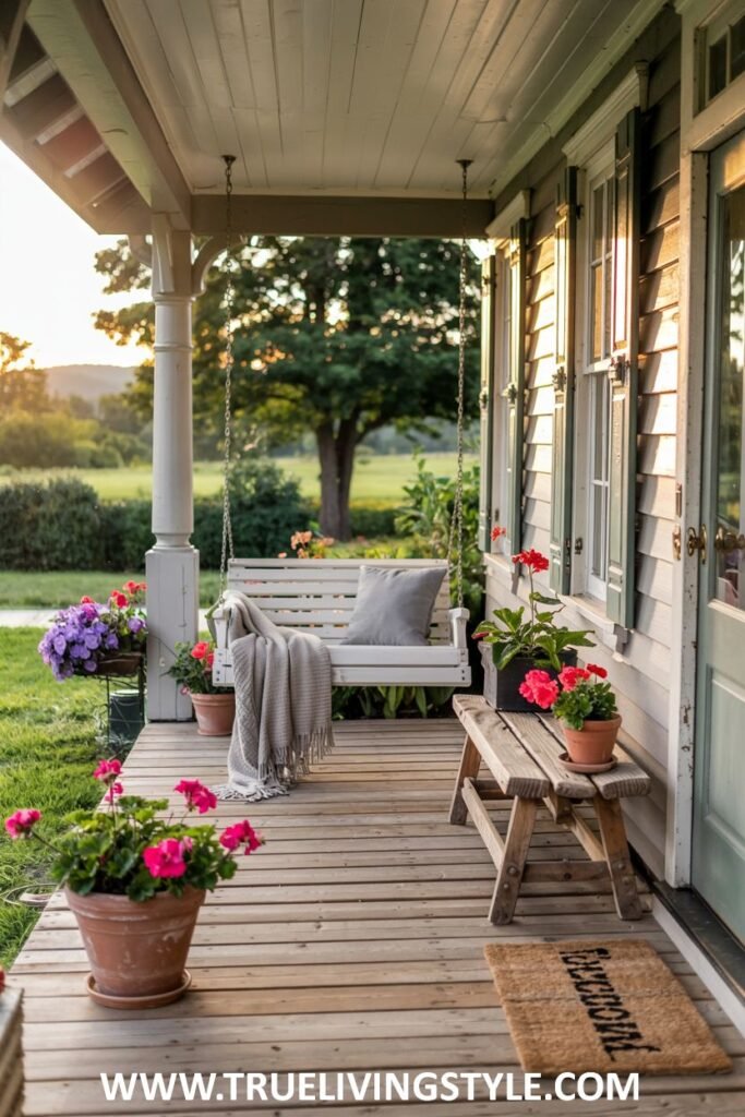 A farmhouse porch with a white porch swing with a grey pillow and a cream-colored throw blanket, a small wooden bench, potted pink and purple flowers, and a "Welcome" doormat.