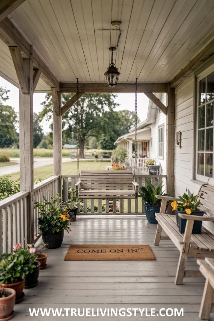 A farmhouse porch with a wooden porch swing, a wooden bench, numerous potted plants with yellow and pink flowers, and a "COME ON IN" doormat.