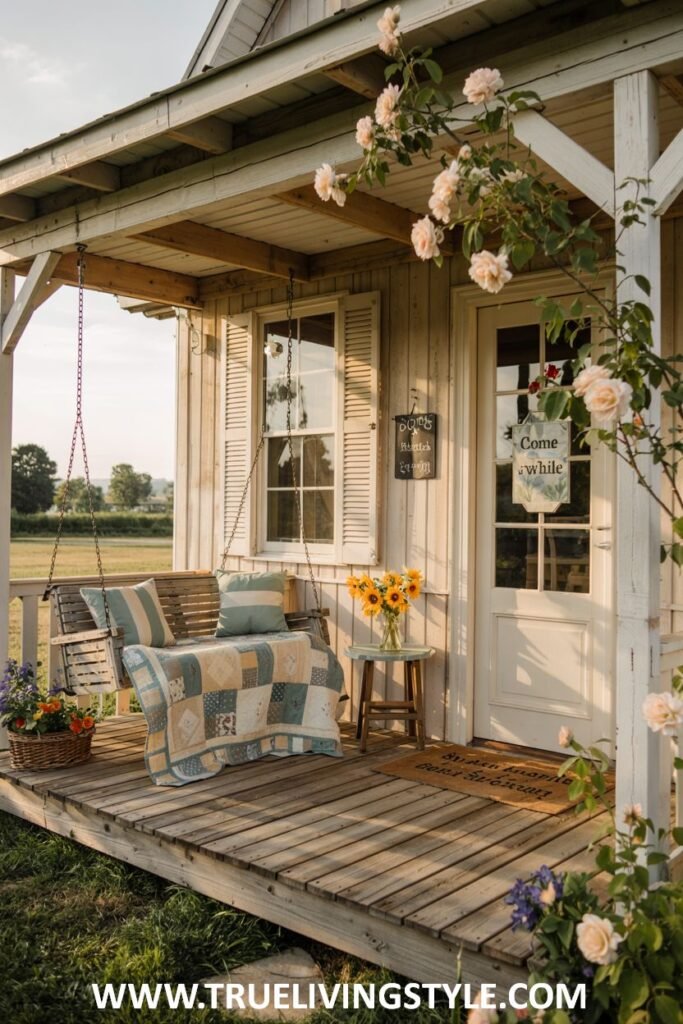 A farmhouse porch with a wooden porch swing covered with a quilt and decorative pillows, a small wooden table with sunflowers, a "Come while you can" sign on the door, and pink climbing roses.