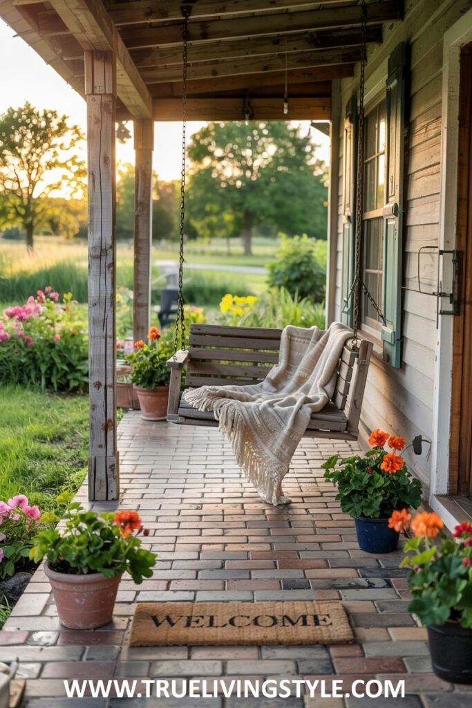 A farmhouse porch with a wooden porch swing with a cream-colored throw blanket, potted orange geraniums, and a "WELCOME" doormat on a brick porch floor.