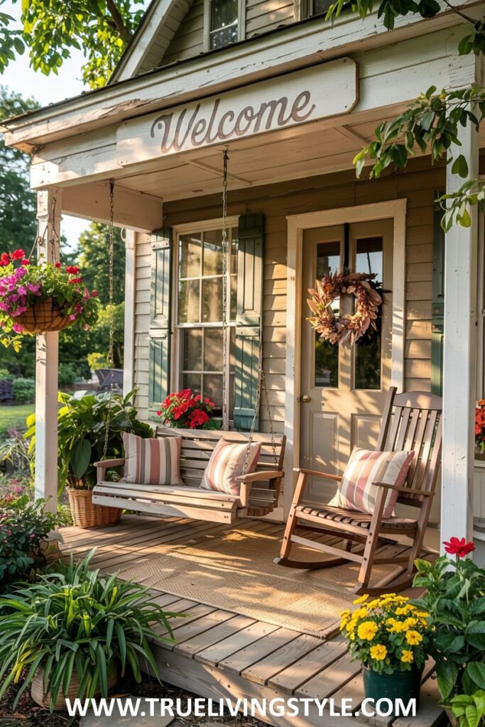 A farmhouse porch with a wooden porch swing featuring striped pillows, a wooden rocking chair with striped cushions, hanging baskets of pink petunias, potted red and yellow flowers, and a "Welcome" sign.