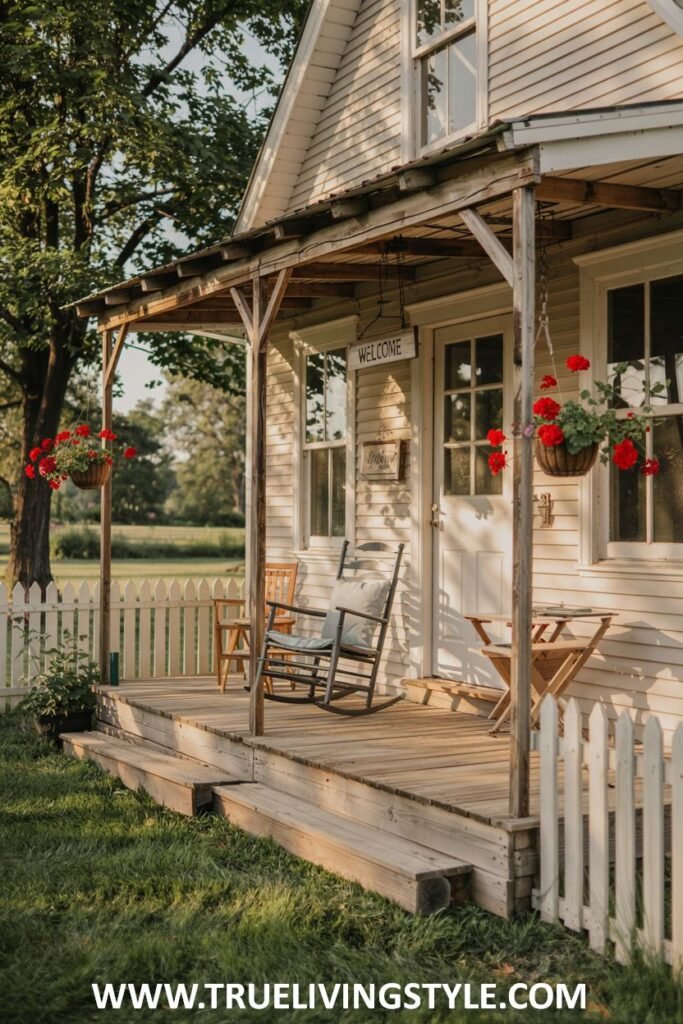 A farmhouse porch with a wooden rocking chair, a small table, hanging baskets of red geraniums, potted plants, and a "WELCOME" sign.