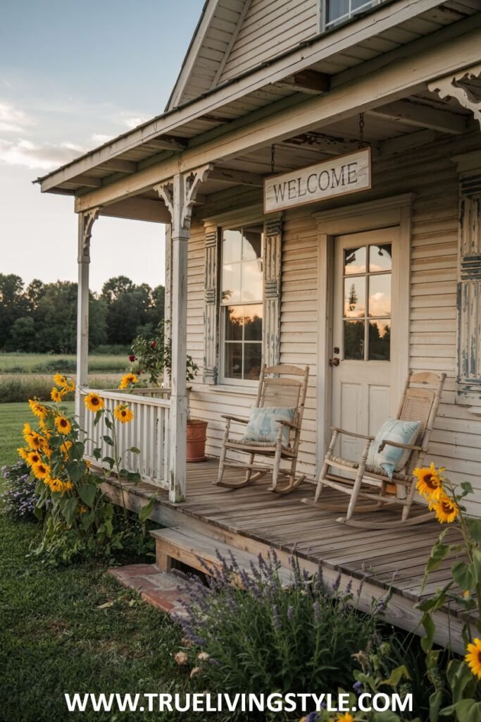 A farmhouse porch with two wicker rocking chairs with blue floral pillows, a "WELCOME" sign, and sunflowers growing along the porch railing.