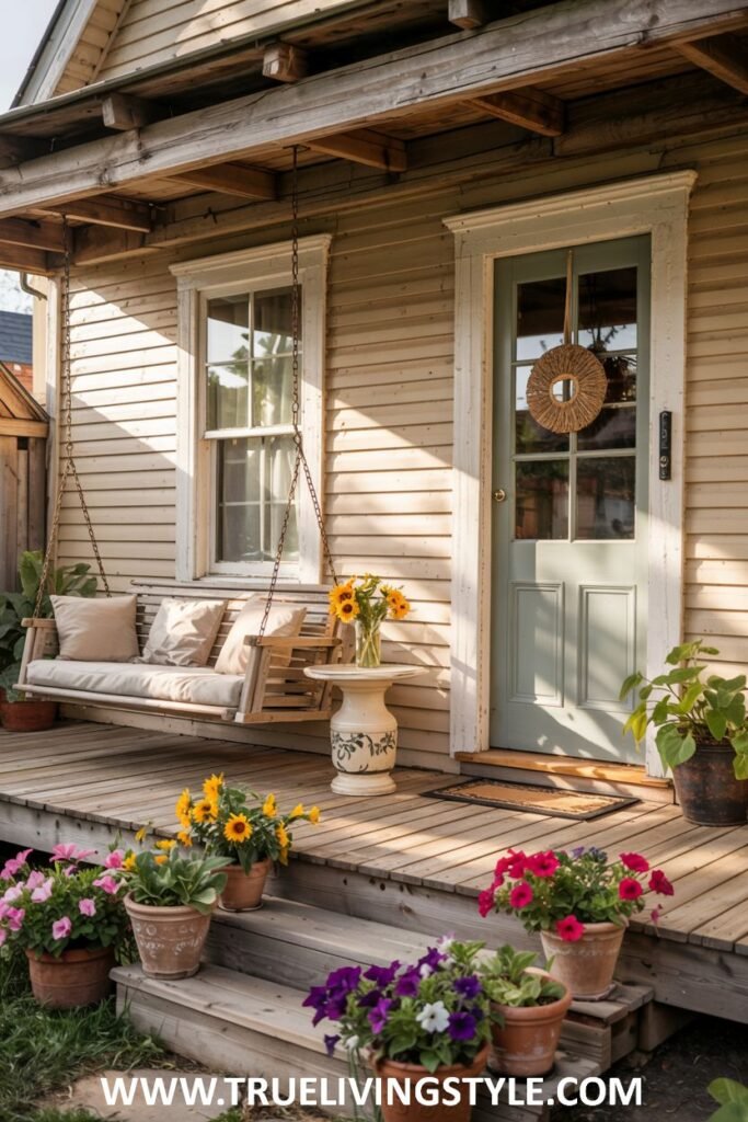 A farmhouse porch with a wooden porch swing with cream-colored cushions, a small round table with sunflowers, potted pink and purple petunias, and a light blue front door with a wreath.