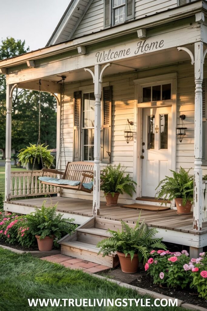 A classic farmhouse porch with a wooden porch swing with blue cushions, a white railing, ferns in hanging baskets and pots, pink flowers along the walkway, and a "Welcome Home" sign above the door.