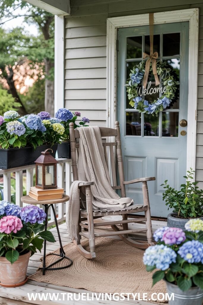 A farmhouse porch with a wooden rocking chair draped with a beige blanket, a small round table with books and a lantern, and numerous potted blue and pink hydrangeas.